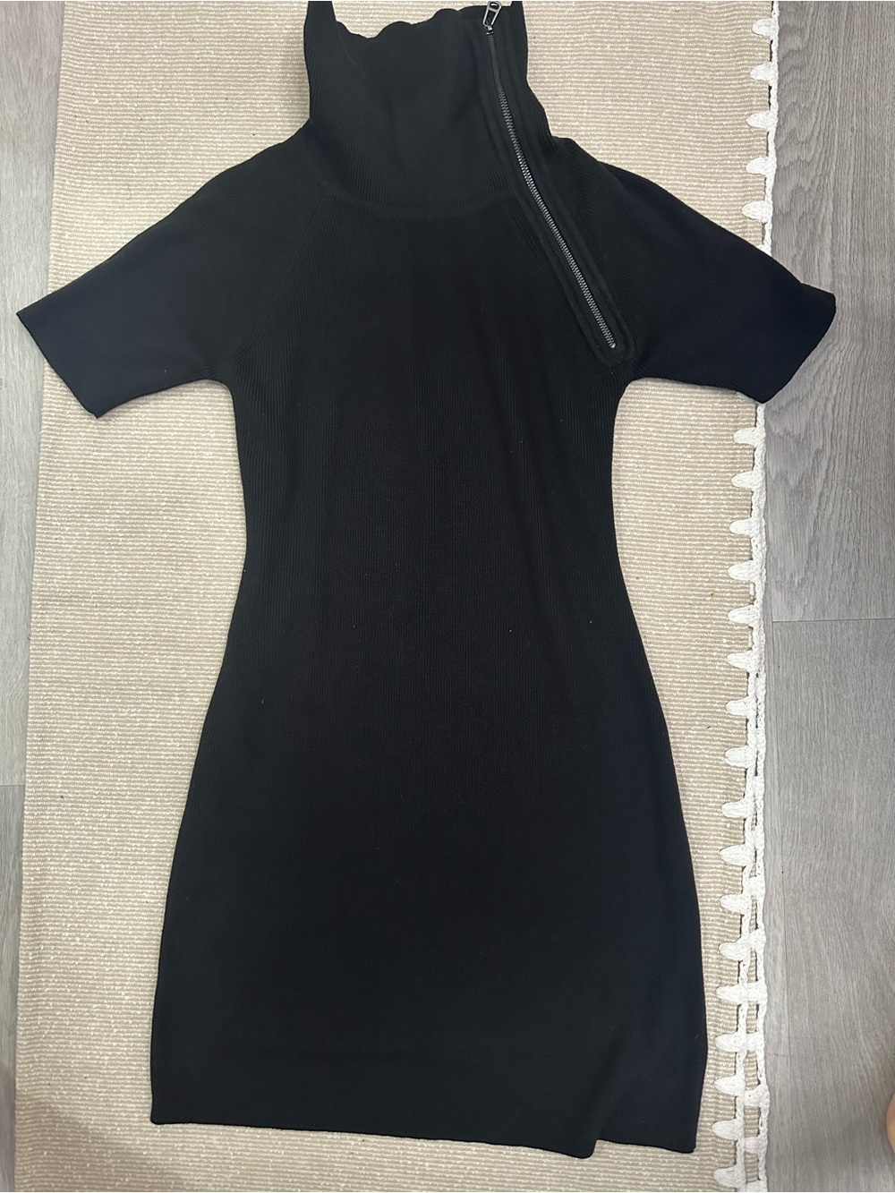 Calvin Klein Black Ribbed Mock-Neck Zip Mini Dress